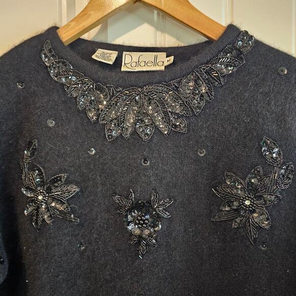 Vintage Rafaella Sweater Women Medium Black Lambswool Angora Beaded Glam Classic - Picture 3 of 10